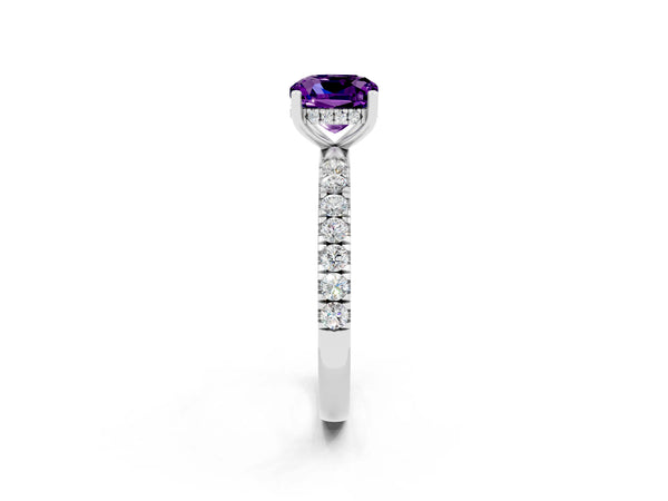 Platinum Cushion Cut Amethyst Pave Band Solitaire Ring with Round  and Prong Setting