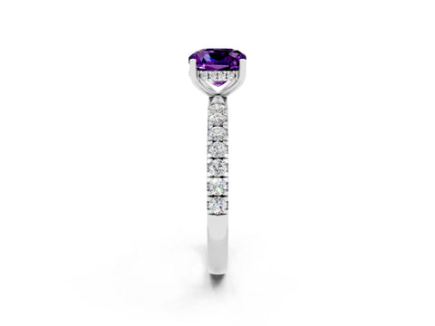 White gold Cushion Cut Amethyst Pave Band Solitaire Ring with Four-Prong Setting_26