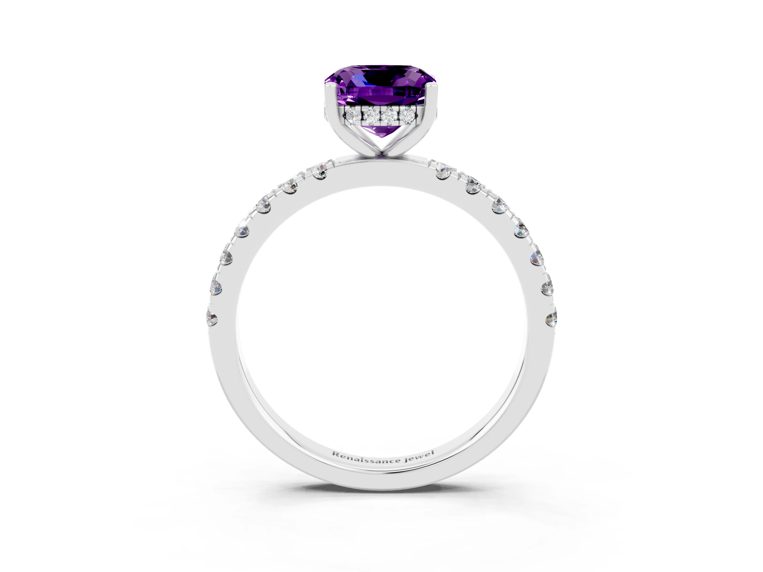 White gold Cushion Cut Amethyst Pave Band Solitaire Ring with Four-Prong Setting_27