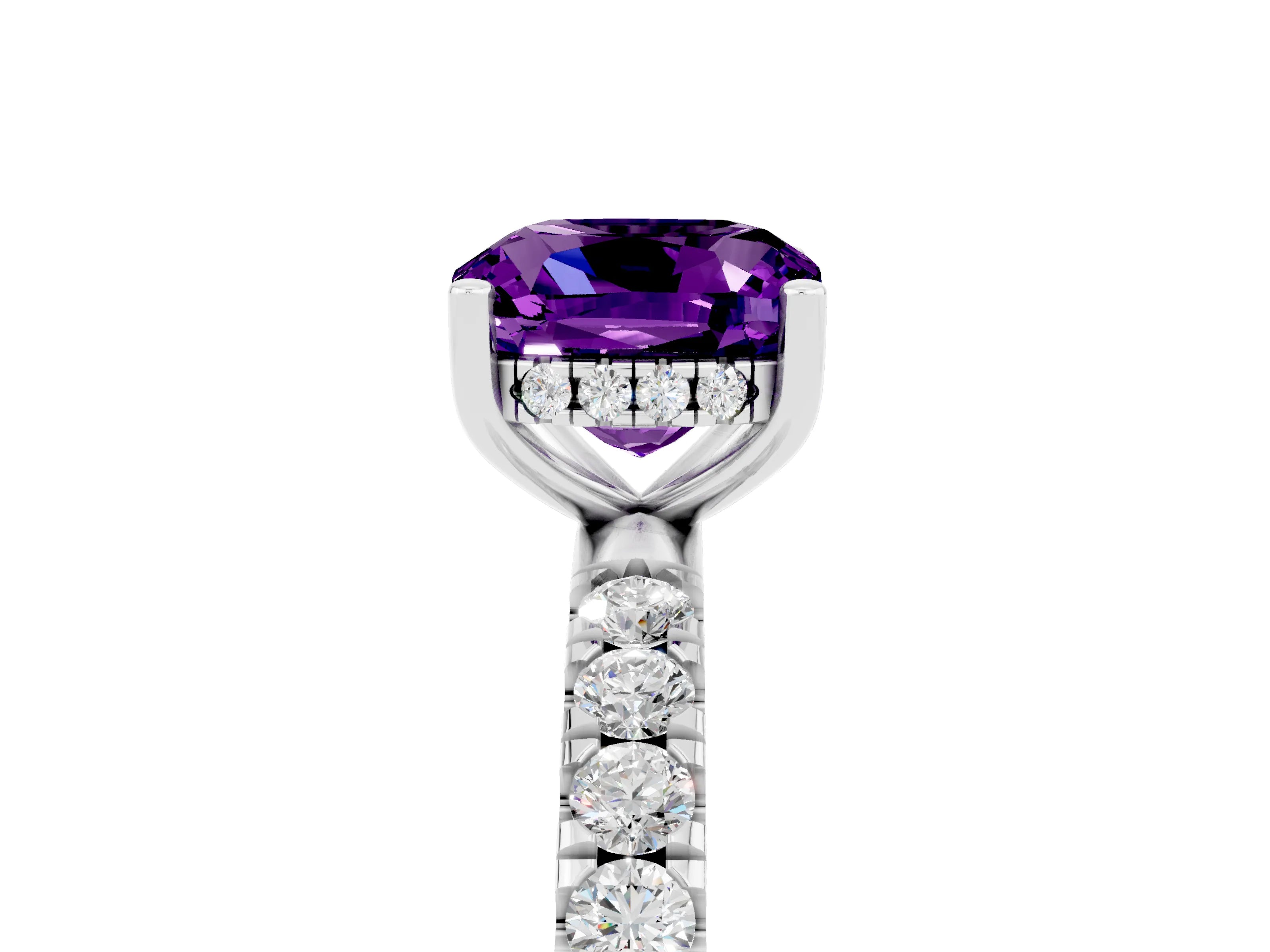 White gold Cushion Cut Amethyst Pave Band Solitaire Ring with Four-Prong Setting_29