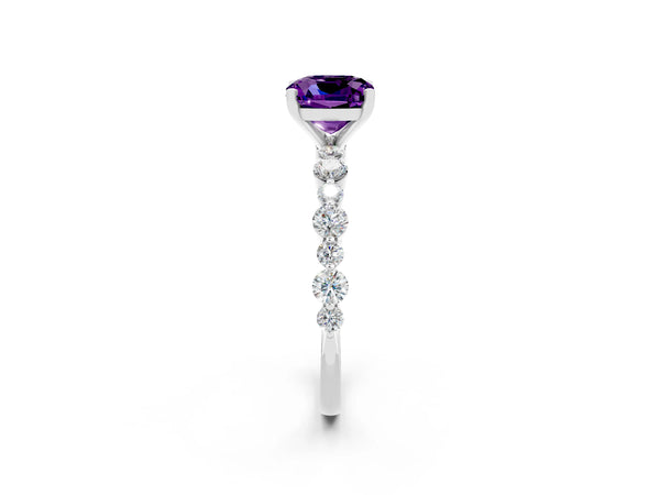 Platinum Cushion Cut Amethyst Prong Set Engagement Ring with Pavé Band