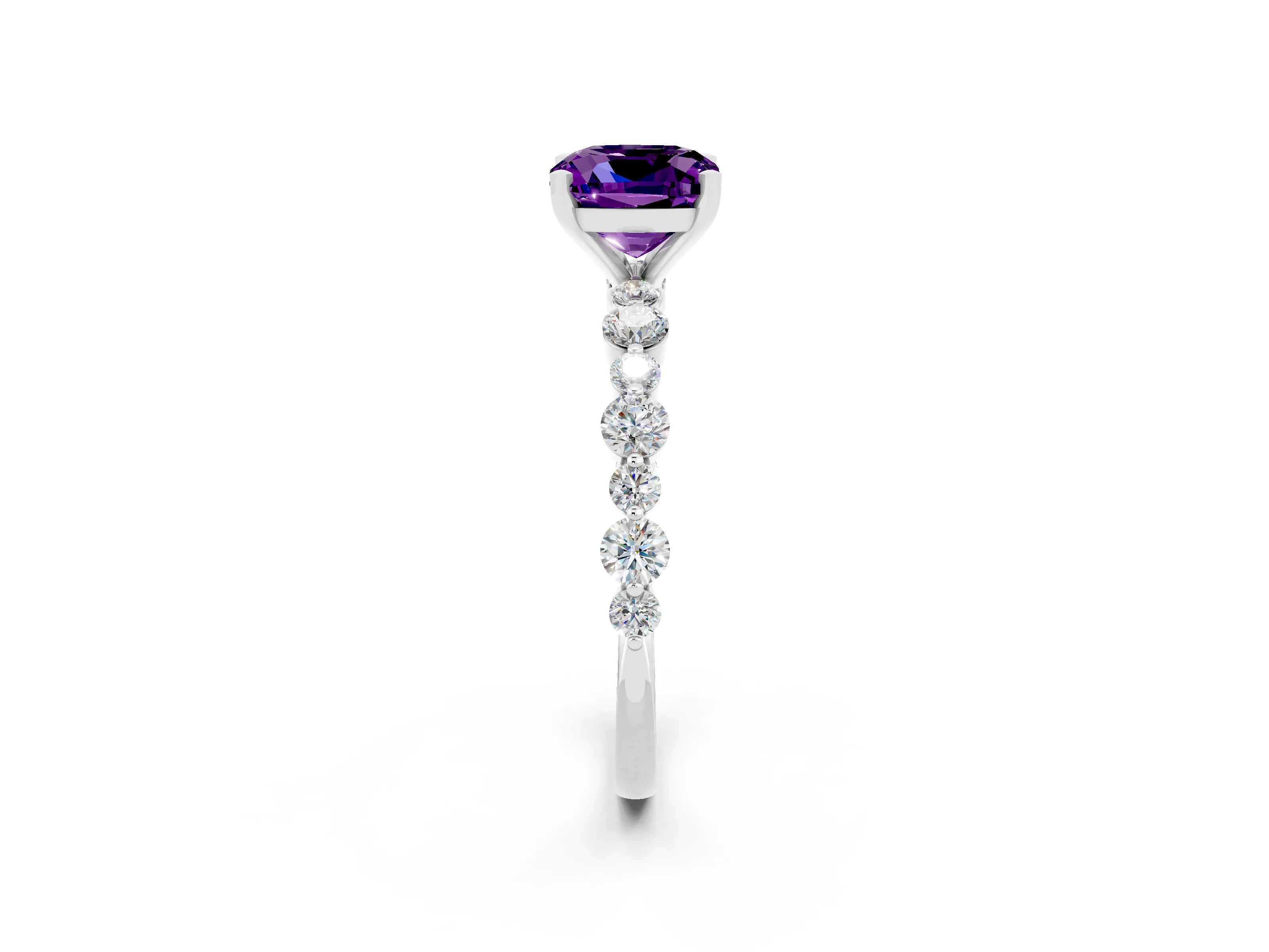 White gold Cushion Cut Amethyst Prong Set Engagement Ring with Pavé Band_2