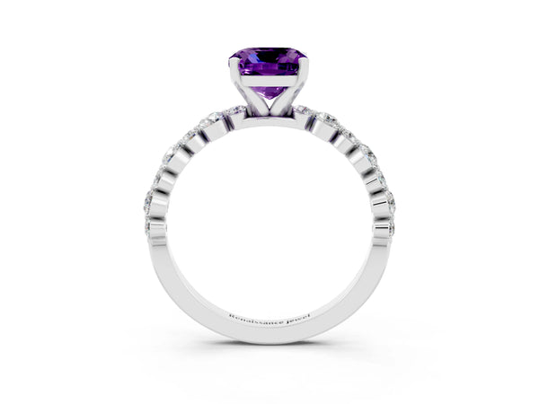 Platinum Cushion Cut Amethyst Prong Set Engagement Ring with Pavé Band