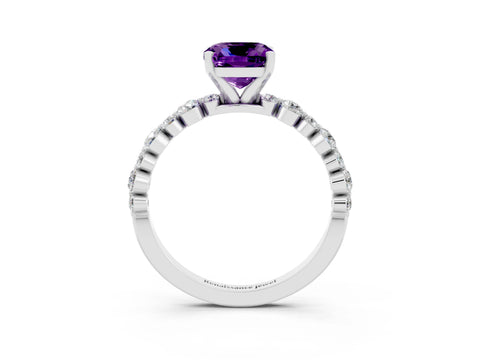 White gold Cushion Cut Amethyst Prong Set Engagement Ring with Pavé Band_3