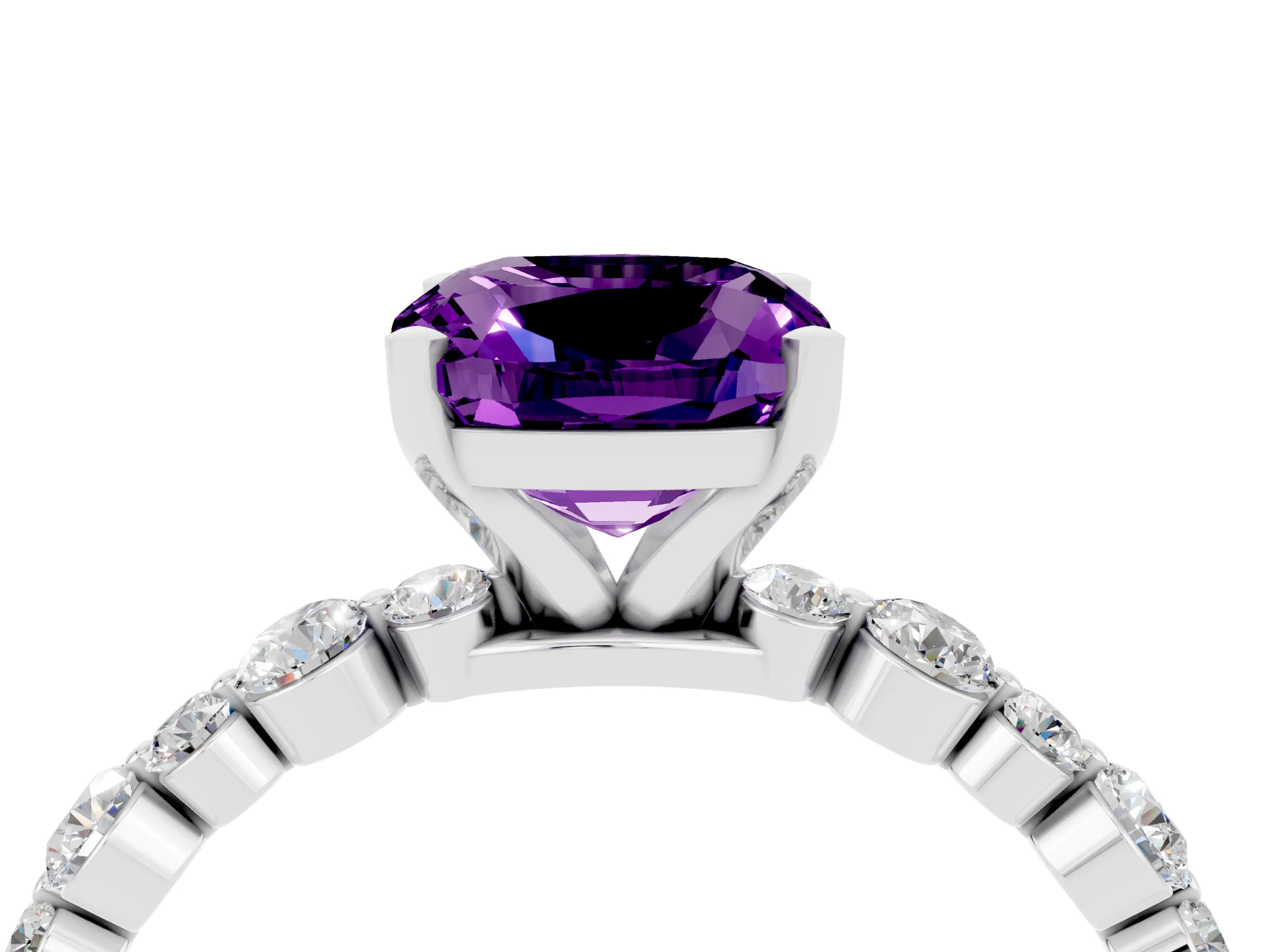 White gold Cushion Cut Amethyst Prong Set Engagement Ring with Pavé Band_4