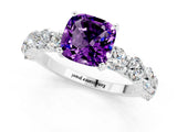 White gold Cushion Cut Amethyst Prong Setting with Side Stones on a Pave Band_1