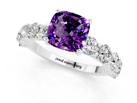 White gold Cushion Cut Amethyst Prong Setting with Side Stones on a Pave Band_1