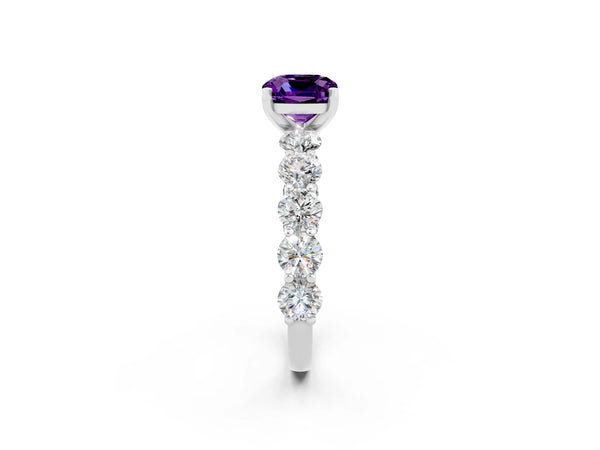 White gold Cushion Cut Amethyst Prong Setting with Side Stones on a Pave Band