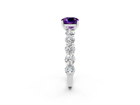 White gold Cushion Cut Amethyst Prong Setting with Side Stones on a Pave Band_2