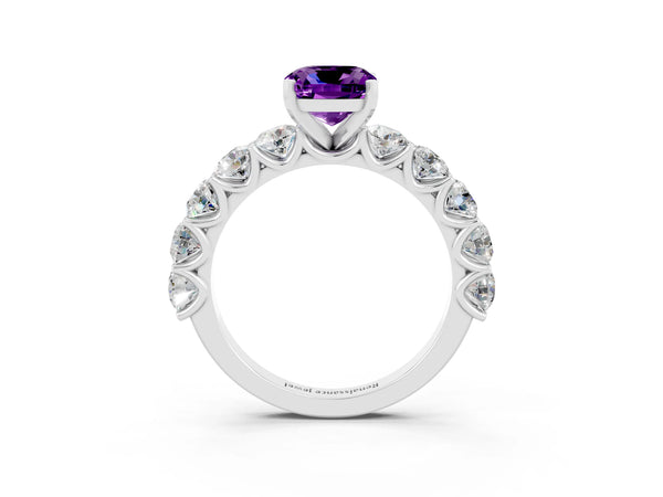 Platinum Cushion Cut Amethyst Prong Setting with Side Stones on a Pave Band
