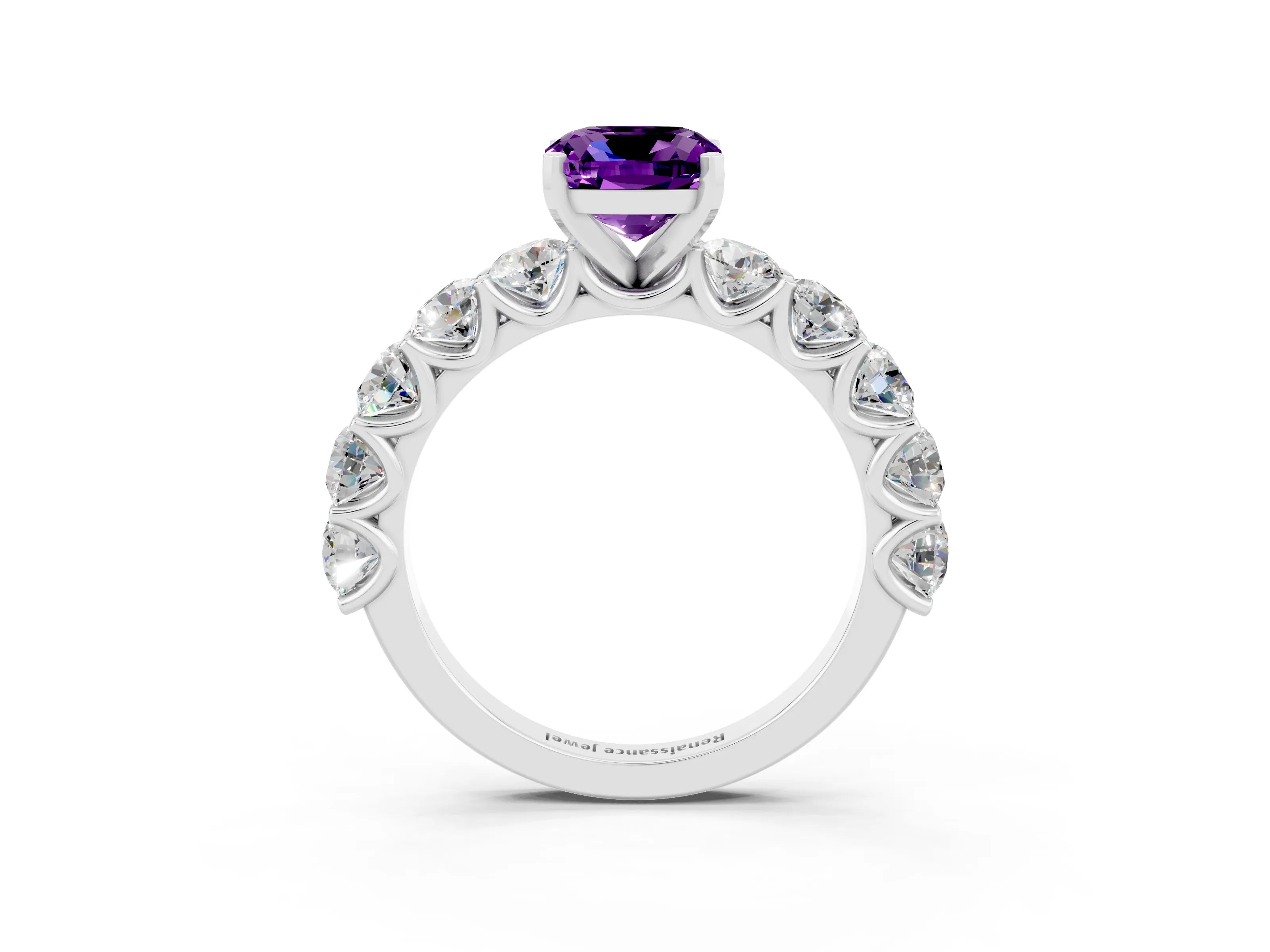 White gold Cushion Cut Amethyst Prong Setting with Side Stones on a Pave Band_3