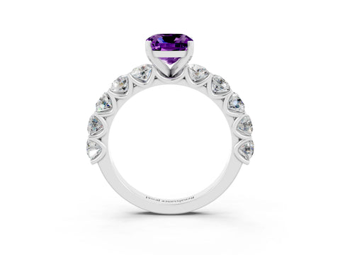 White gold Cushion Cut Amethyst Prong Setting with Side Stones on a Pave Band_3