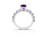 White gold Cushion Cut Amethyst Prong Setting with Side Stones on a Pave Band_3
