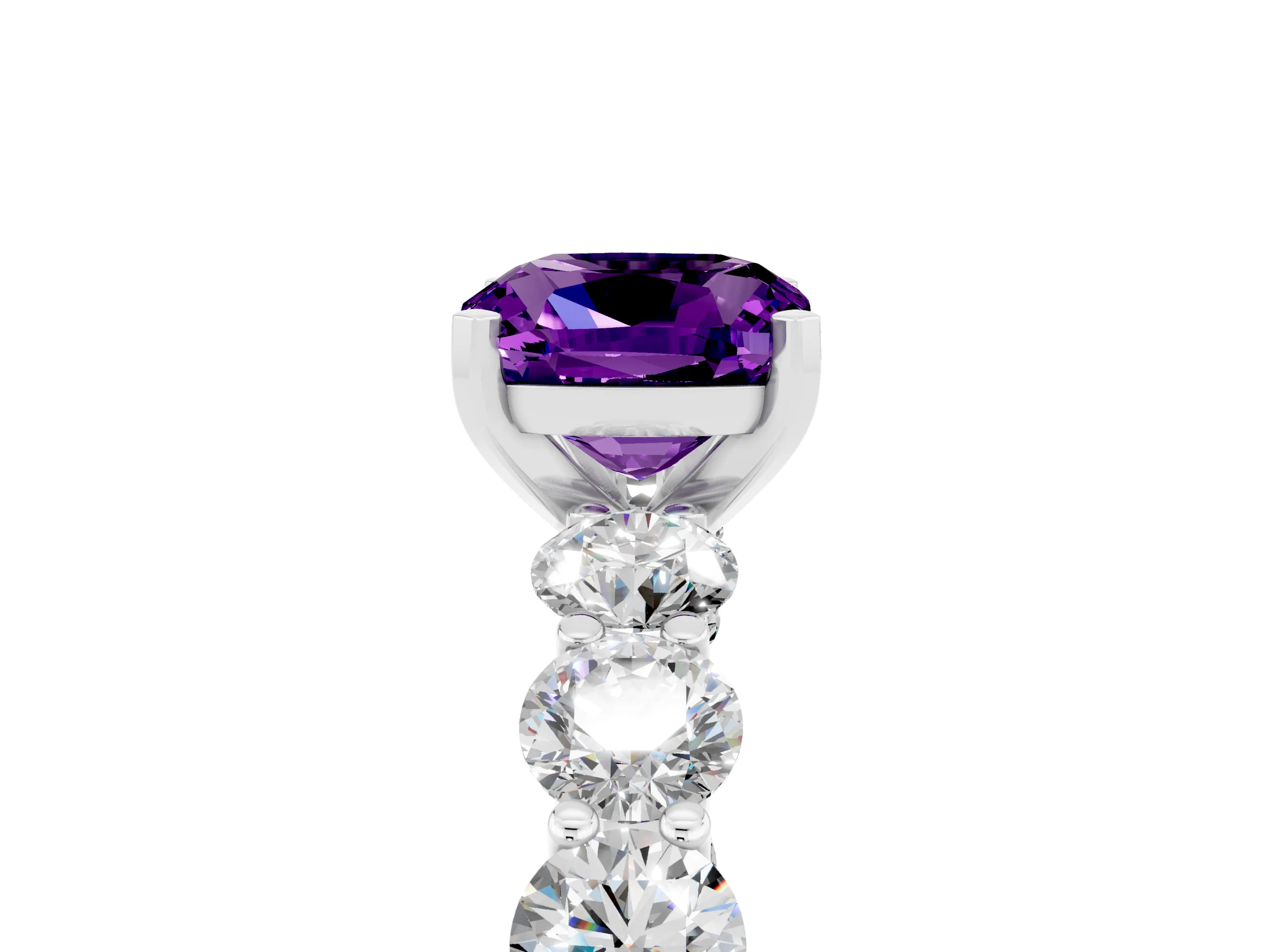 White gold Cushion Cut Amethyst Prong Setting with Side Stones on a Pave Band_5