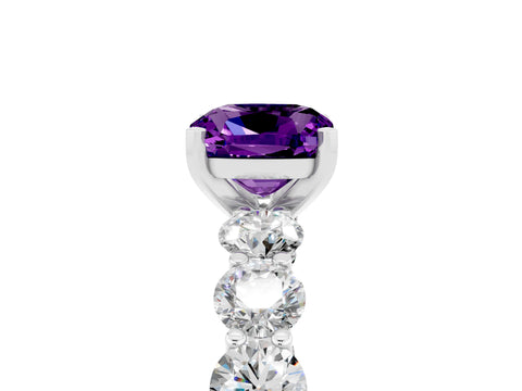 White gold Cushion Cut Amethyst Prong Setting with Side Stones on a Pave Band_5