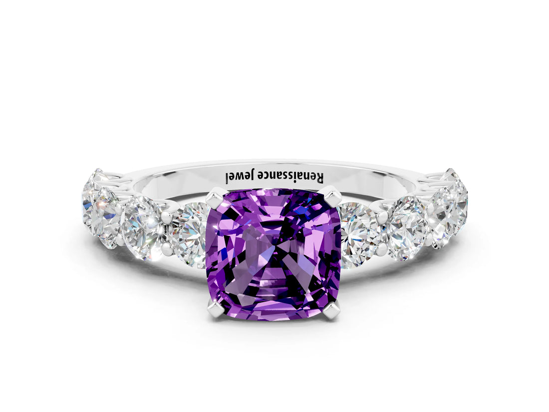 White gold Cushion Cut Amethyst Prong Setting with Side Stones on a Pave Band