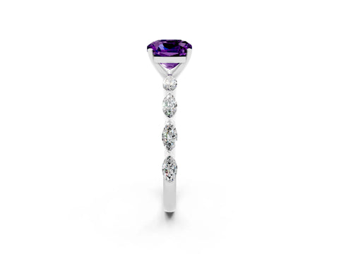 White gold Cushion Cut Amethyst Ring with Marquise Side Stones and Prong Setting_2