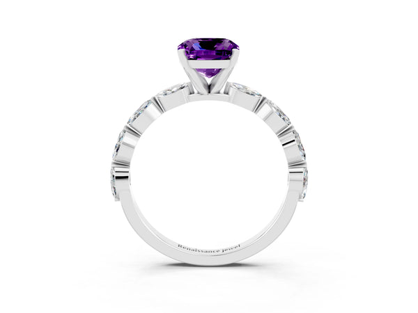 Platinum Cushion Cut Amethyst Ring with Marquise Side Stones and Prong Setting