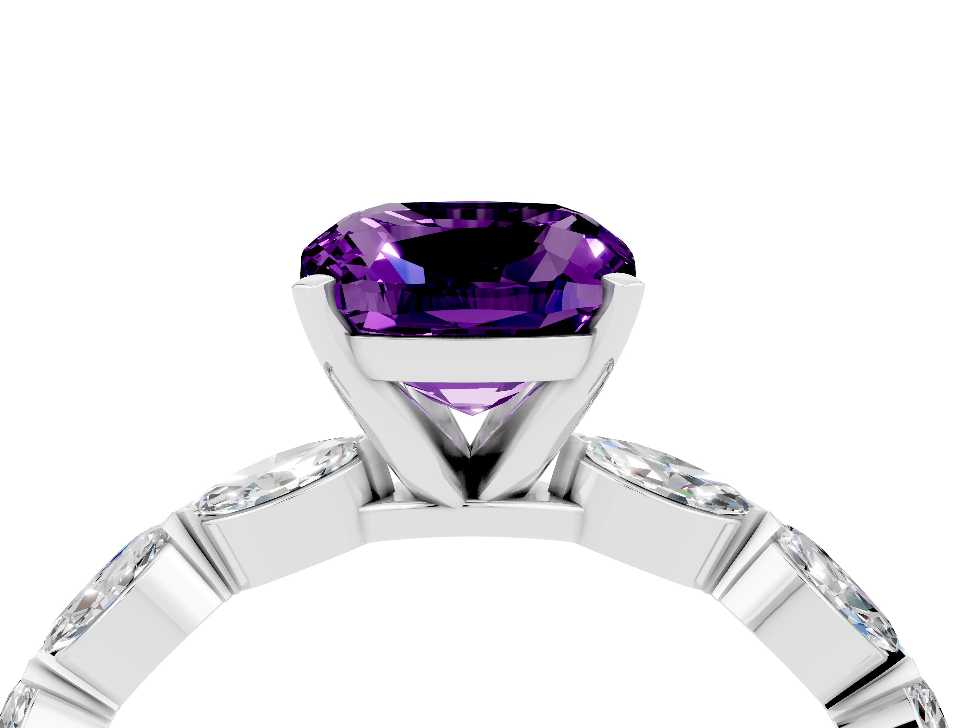 White gold Cushion Cut Amethyst Ring with Marquise Side Stones and Prong Setting_4