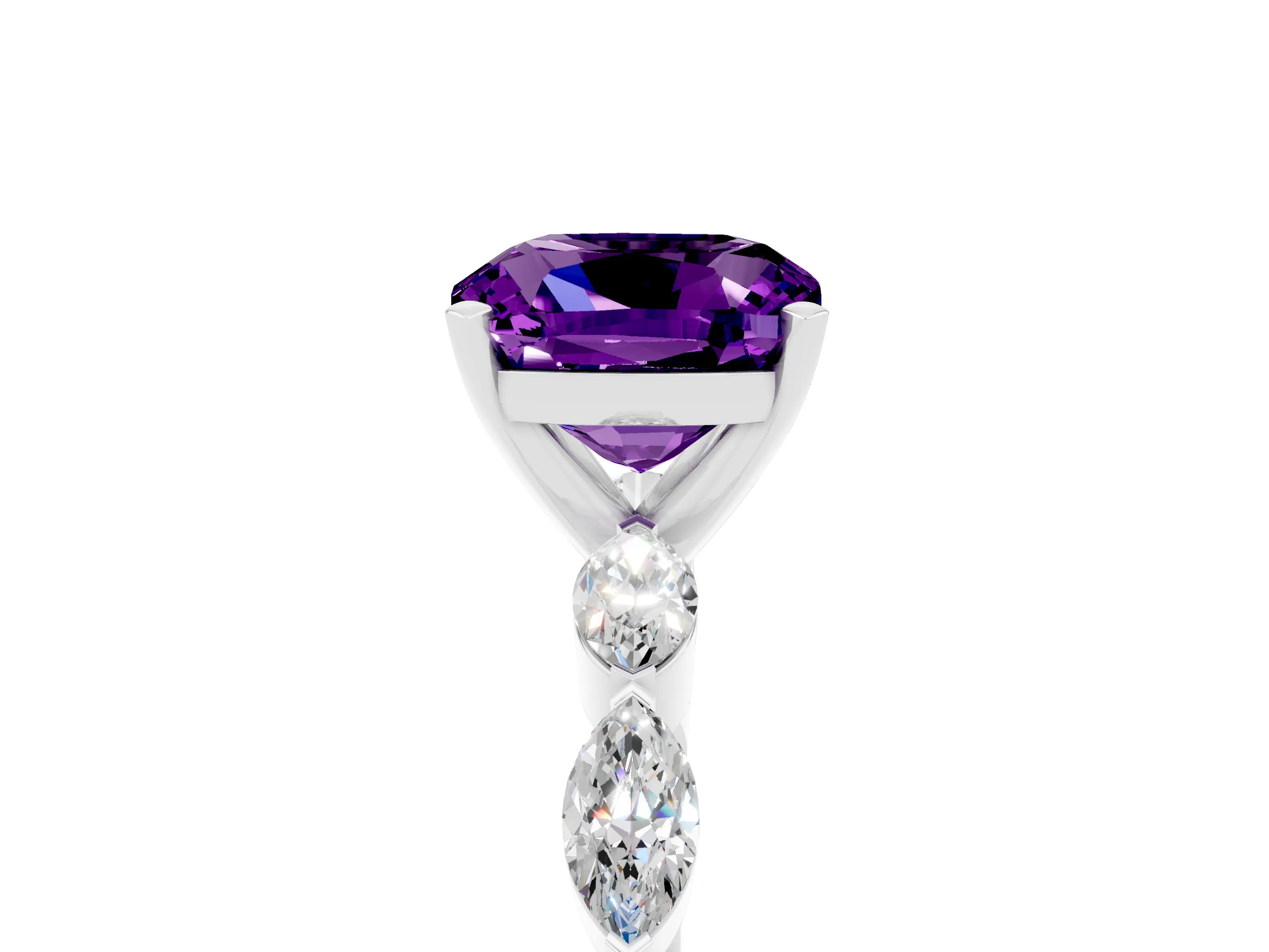 White gold Cushion Cut Amethyst Ring with Marquise Side Stones and Prong Setting_5