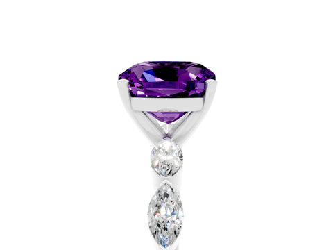 White gold Cushion Cut Amethyst Ring with Marquise Side Stones and Prong Setting_5