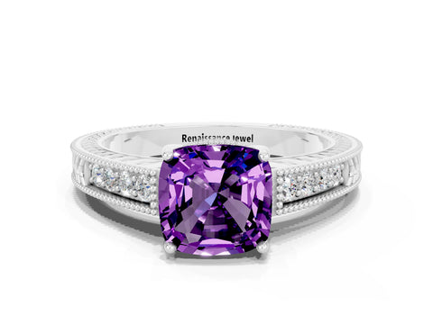 White gold Cushion Cut Amethyst Ring with Milgrain Pavé Band and Four-Prong Setting_12
