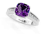 White gold Cushion Cut Amethyst Ring with Milgrain Pavé Band and Four-Prong Setting_13