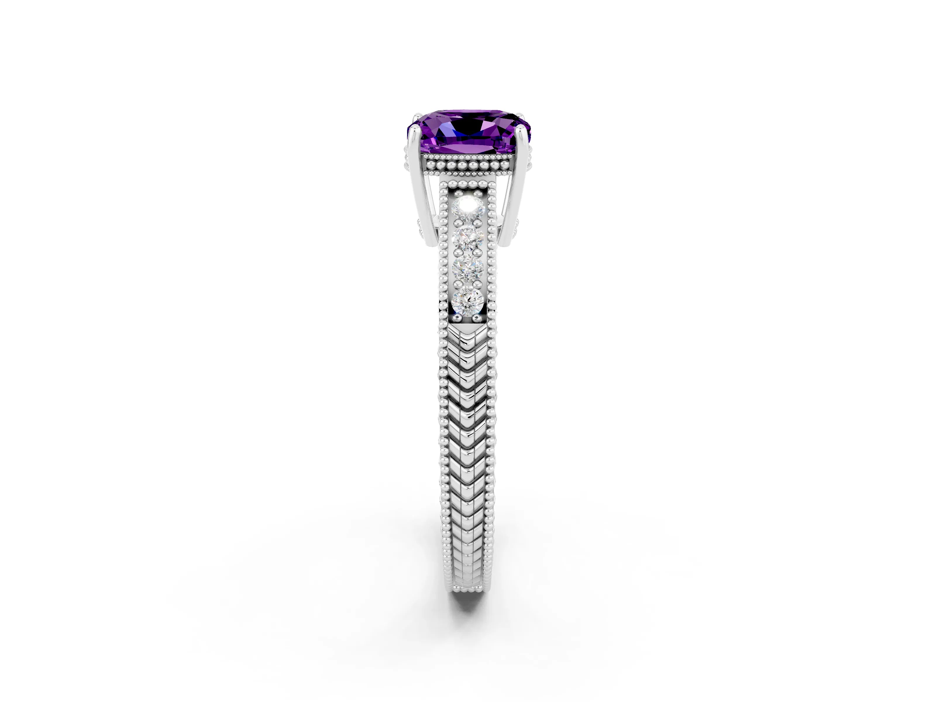 White gold Cushion Cut Amethyst Ring with Milgrain Pavé Band and Four-Prong Setting_14