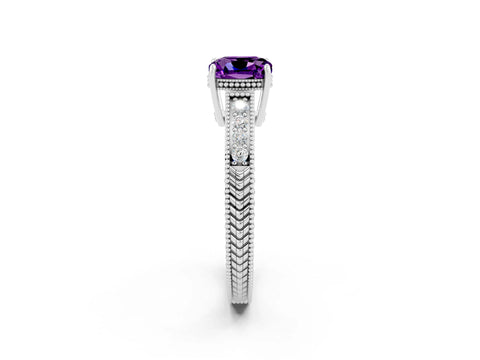 White gold Cushion Cut Amethyst Ring with Milgrain Pavé Band and Four-Prong Setting_14