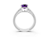 White gold Cushion Cut Amethyst Ring with Milgrain Pavé Band and Four-Prong Setting_15