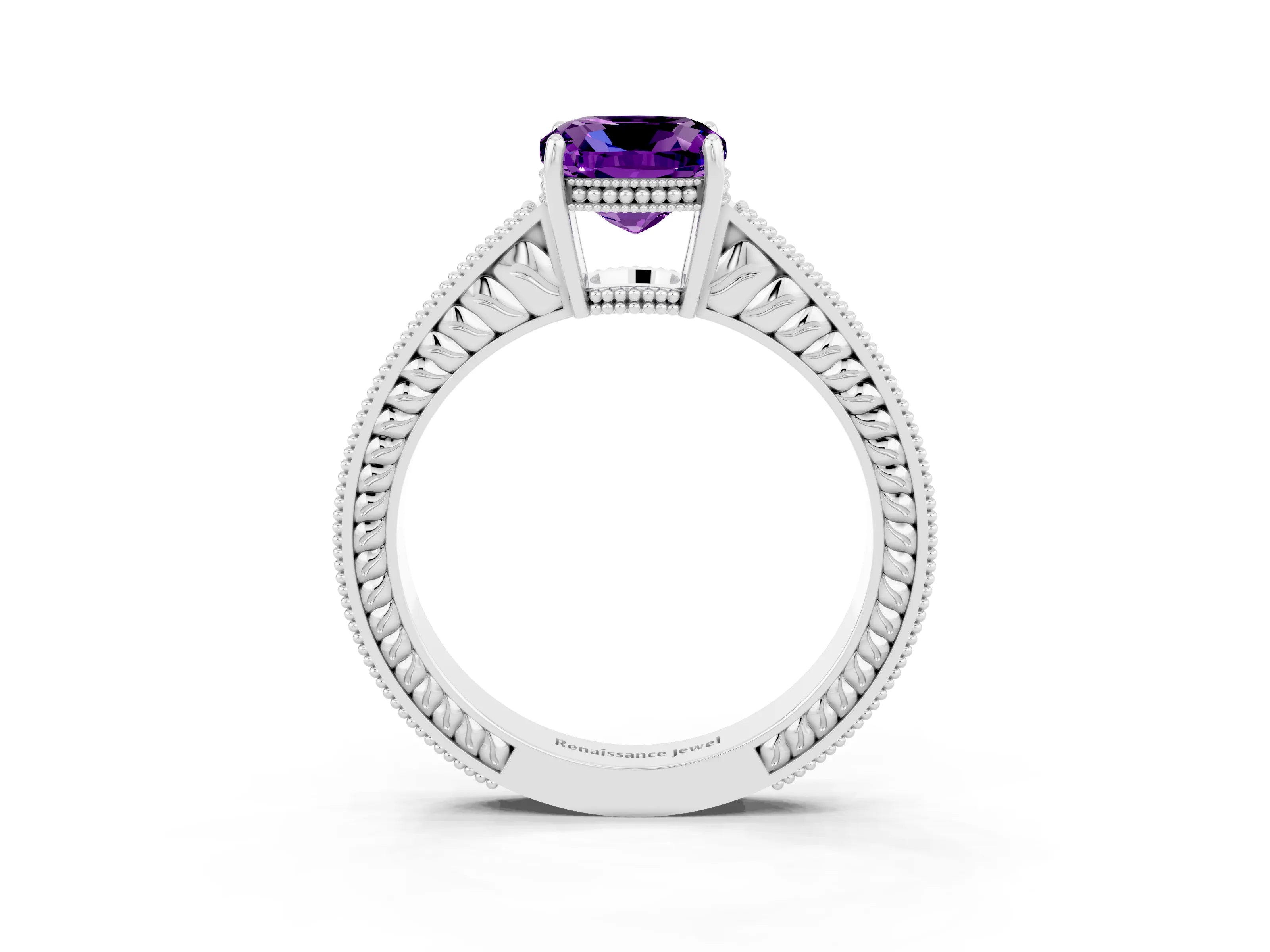 White gold Cushion Cut Amethyst Ring with Milgrain Pavé Band and Four-Prong Setting_15