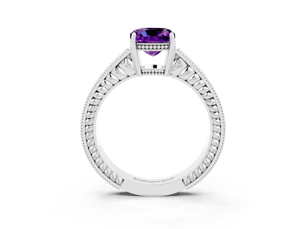 White gold Cushion Cut Amethyst Ring with Milgrain Pavé Band and Four-Prong Setting