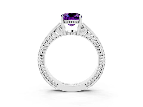 White gold Cushion Cut Amethyst Ring with Milgrain Pavé Band and Four-Prong Setting_15