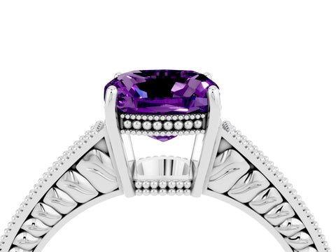 White gold Cushion Cut Amethyst Ring with Milgrain Pavé Band and Four-Prong Setting_16