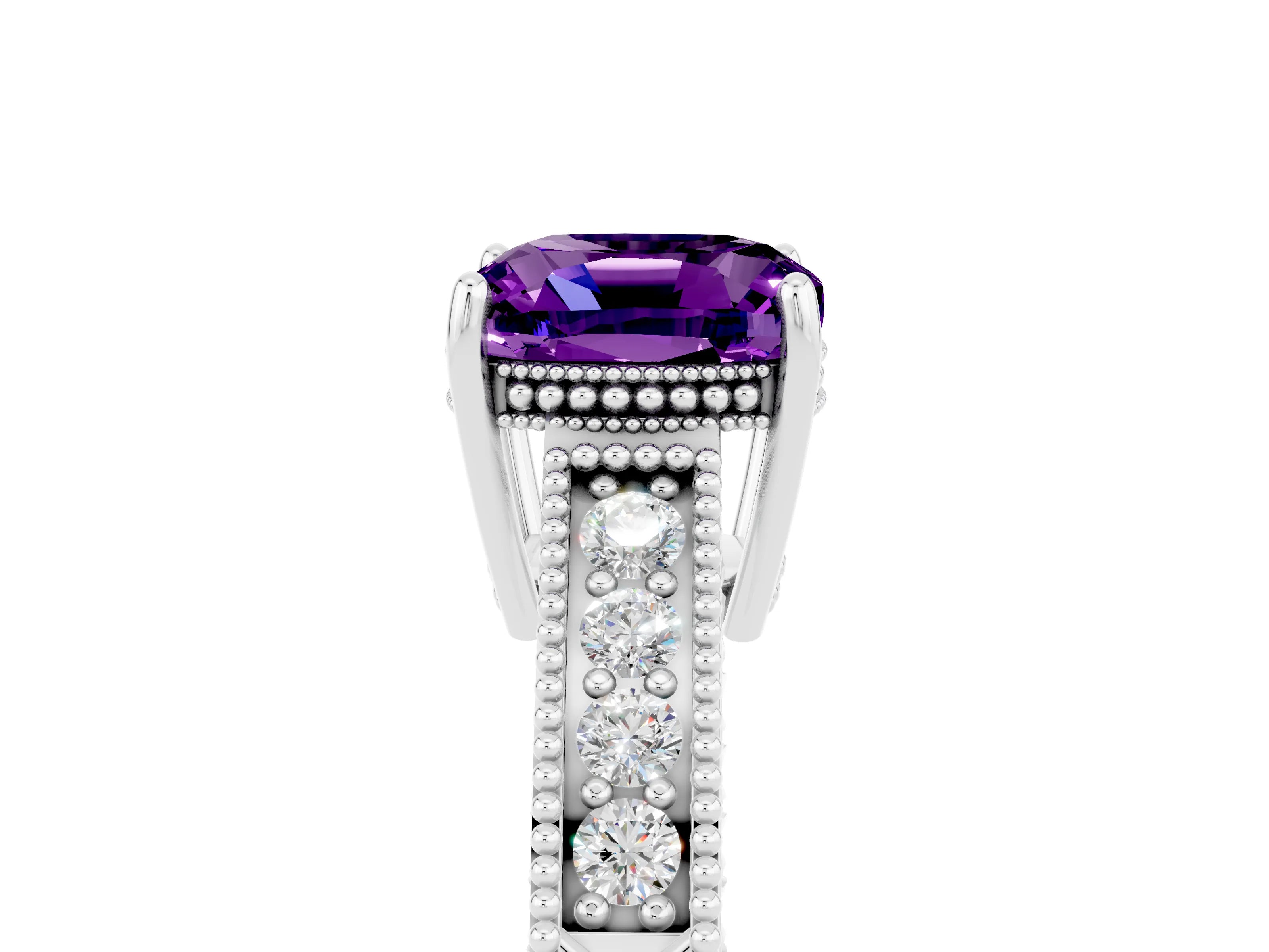 White gold Cushion Cut Amethyst Ring with Milgrain Pavé Band and Four-Prong Setting_17