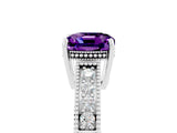 White gold Cushion Cut Amethyst Ring with Milgrain Pavé Band and Four-Prong Setting_17