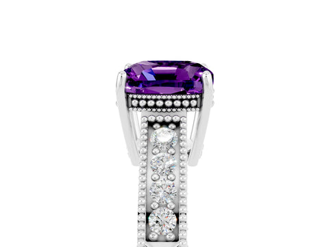 White gold Cushion Cut Amethyst Ring with Milgrain Pavé Band and Four-Prong Setting_17