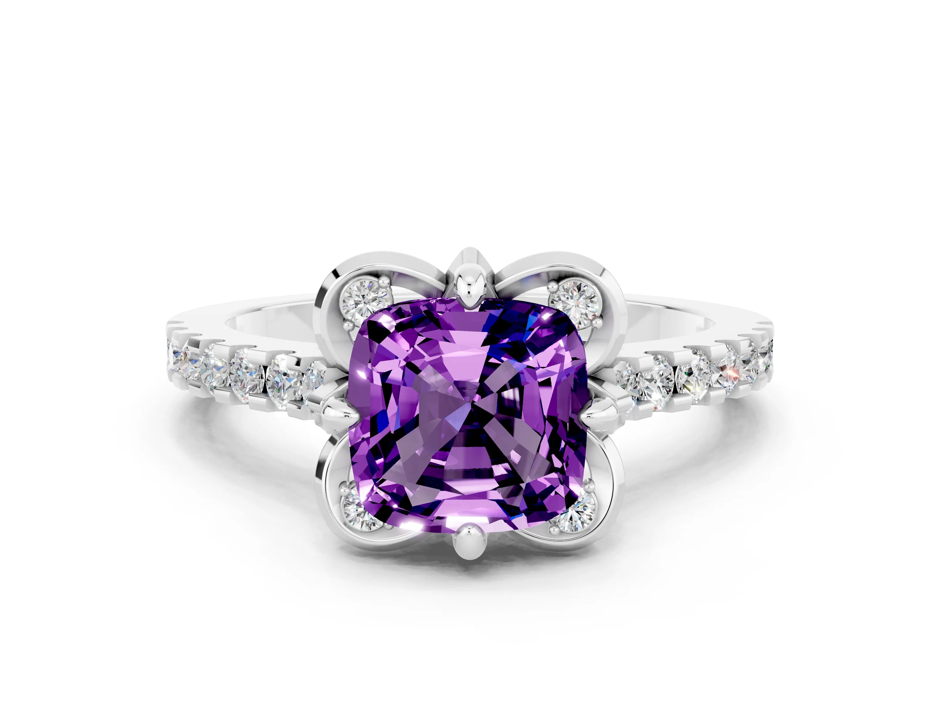 White gold Cushion Cut Amethyst Ring with Pavé Band and Floral Prong Setting