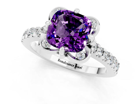 White gold Cushion Cut Amethyst Ring with Pavé Band and Floral Prong Setting_1