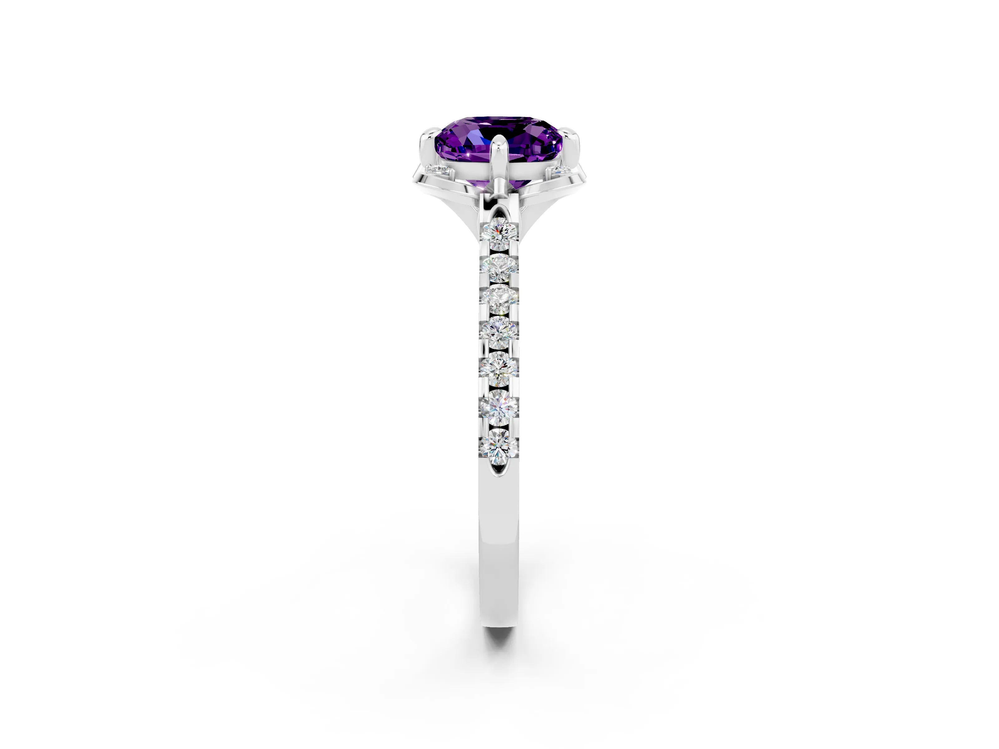White gold Cushion Cut Amethyst Ring with Pavé Band and Floral Prong Setting_2