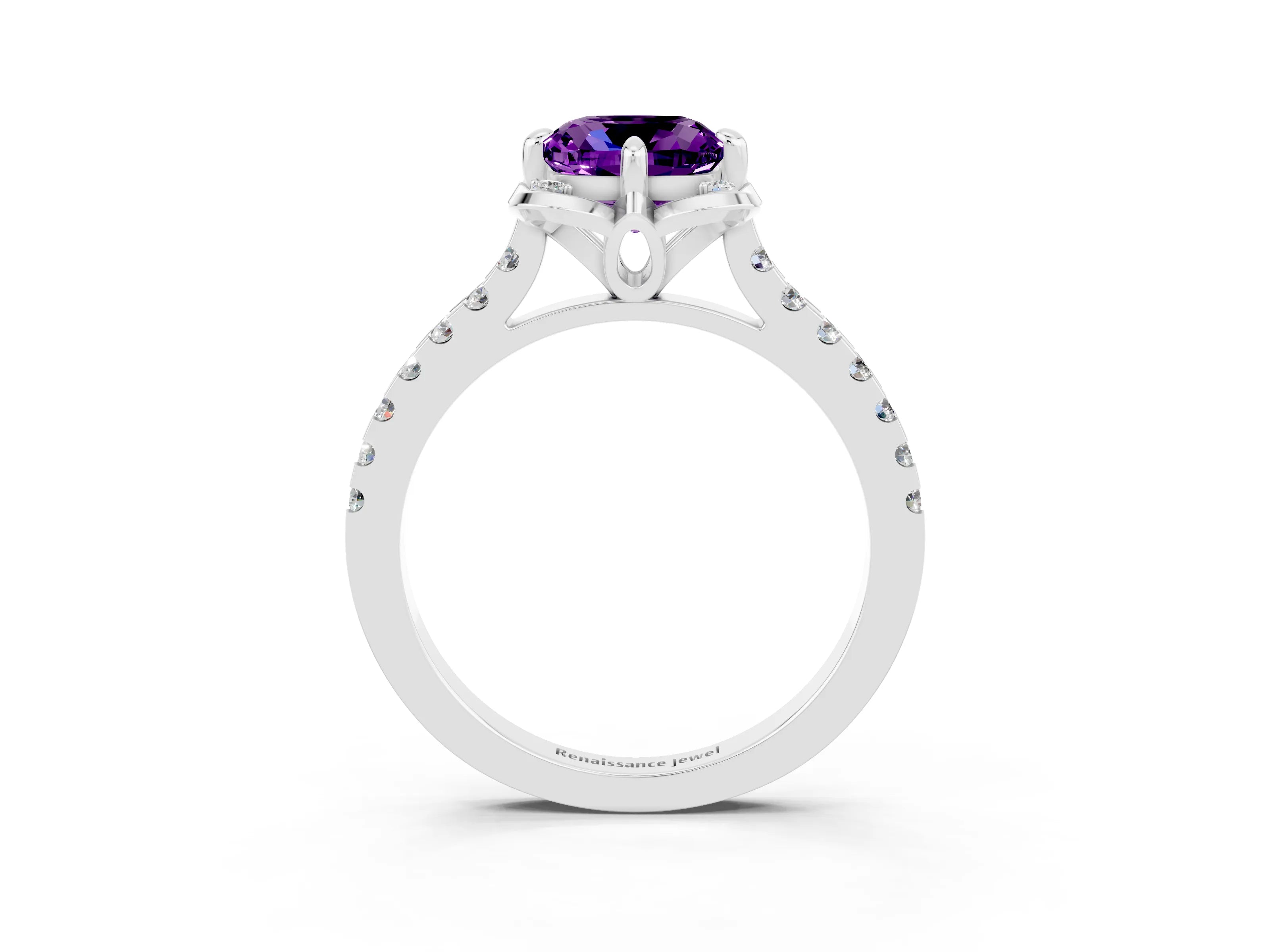 White gold Cushion Cut Amethyst Ring with Pavé Band and Floral Prong Setting_3