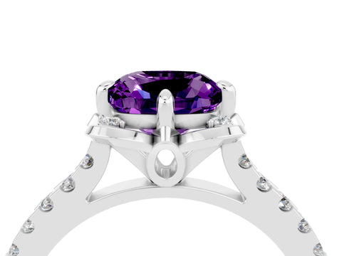 White gold Cushion Cut Amethyst Ring with Pavé Band and Floral Prong Setting_4