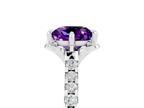 White gold Cushion Cut Amethyst Ring with Pavé Band and Floral Prong Setting_5