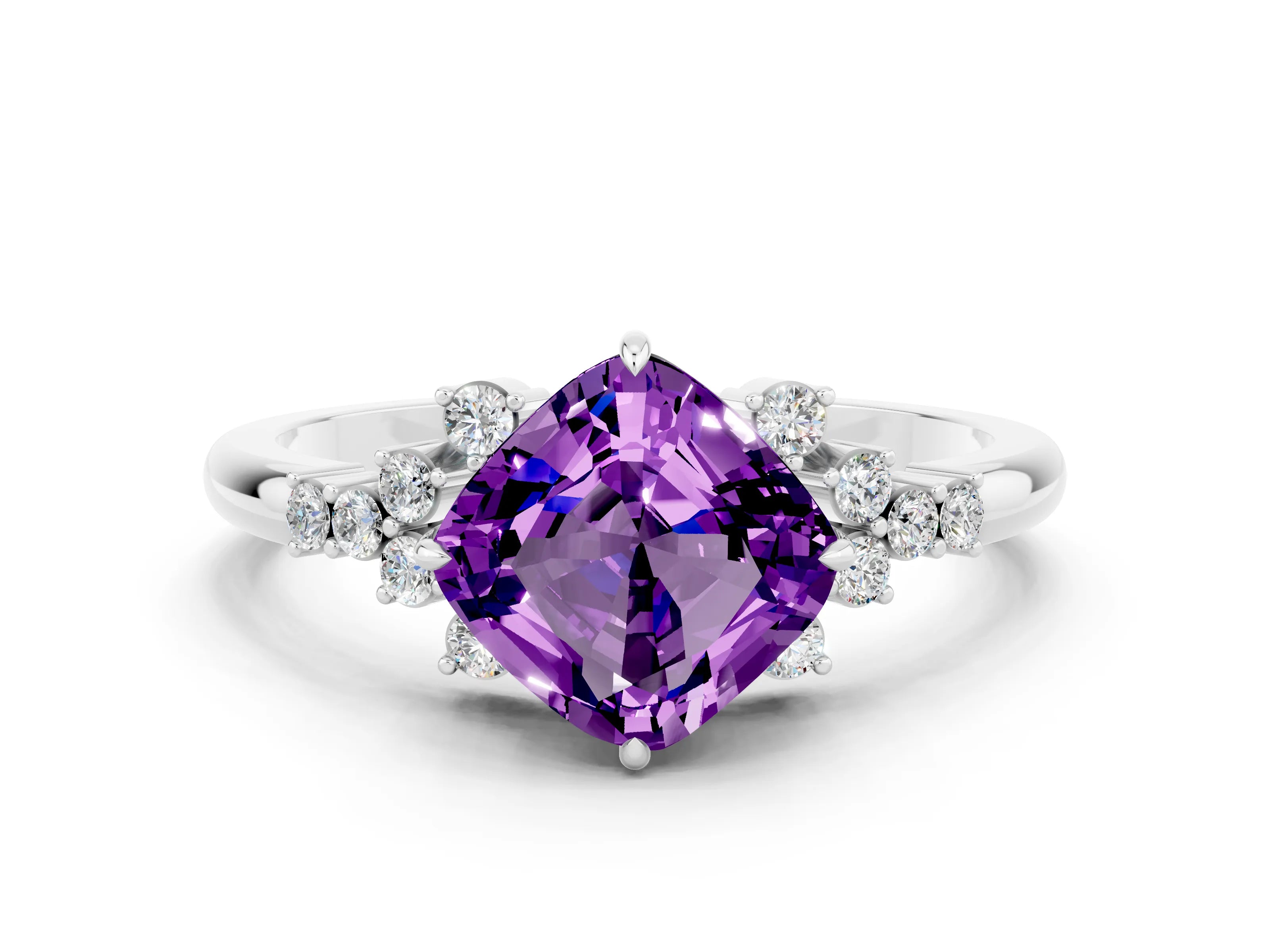 White gold Cushion Cut Amethyst Ring with Side Stones and Four-Prong Setting_36