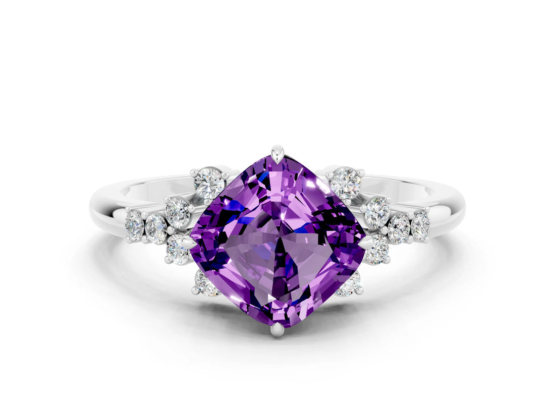 White gold Cushion Cut Amethyst Ring with Side Stones and Four-Prong Setting_36