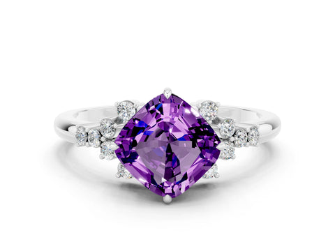 White gold Cushion Cut Amethyst Ring with Side Stones and Four-Prong Setting_36