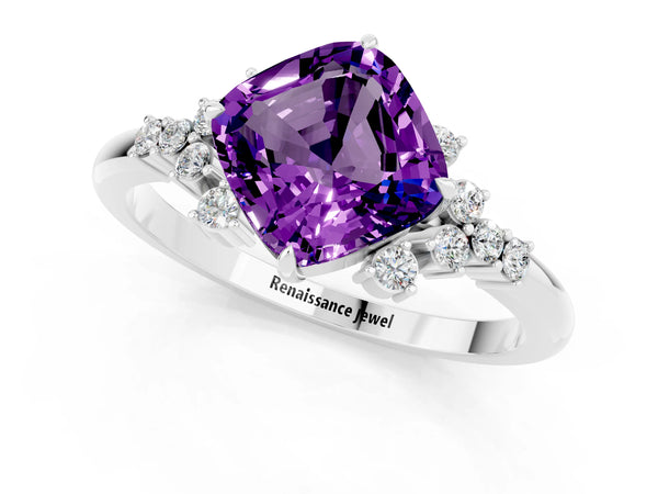 White gold Cushion Cut Amethyst Ring with Side Stones and Four-Prong Setting