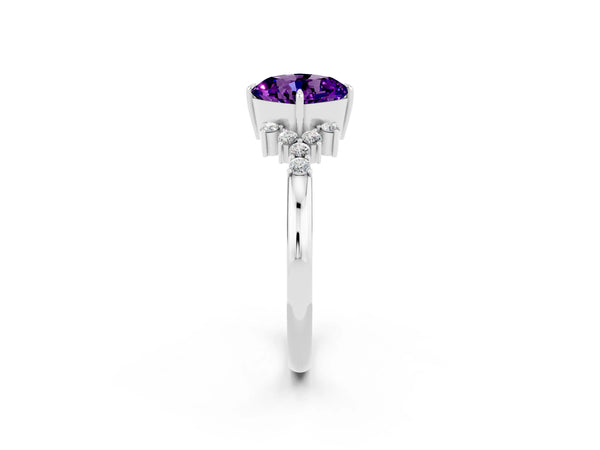 White gold Cushion Cut Amethyst Ring with Side Stones and Four-Prong Setting