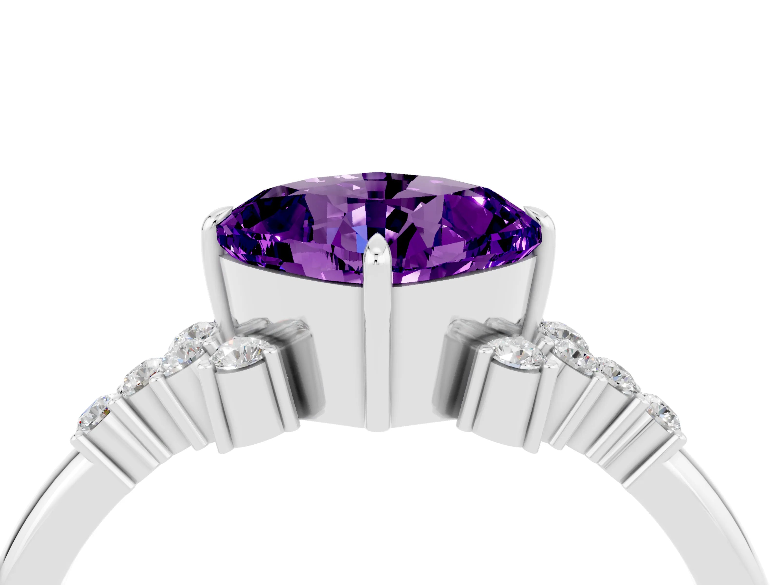 White gold Cushion Cut Amethyst Ring with Side Stones and Four-Prong Setting_40