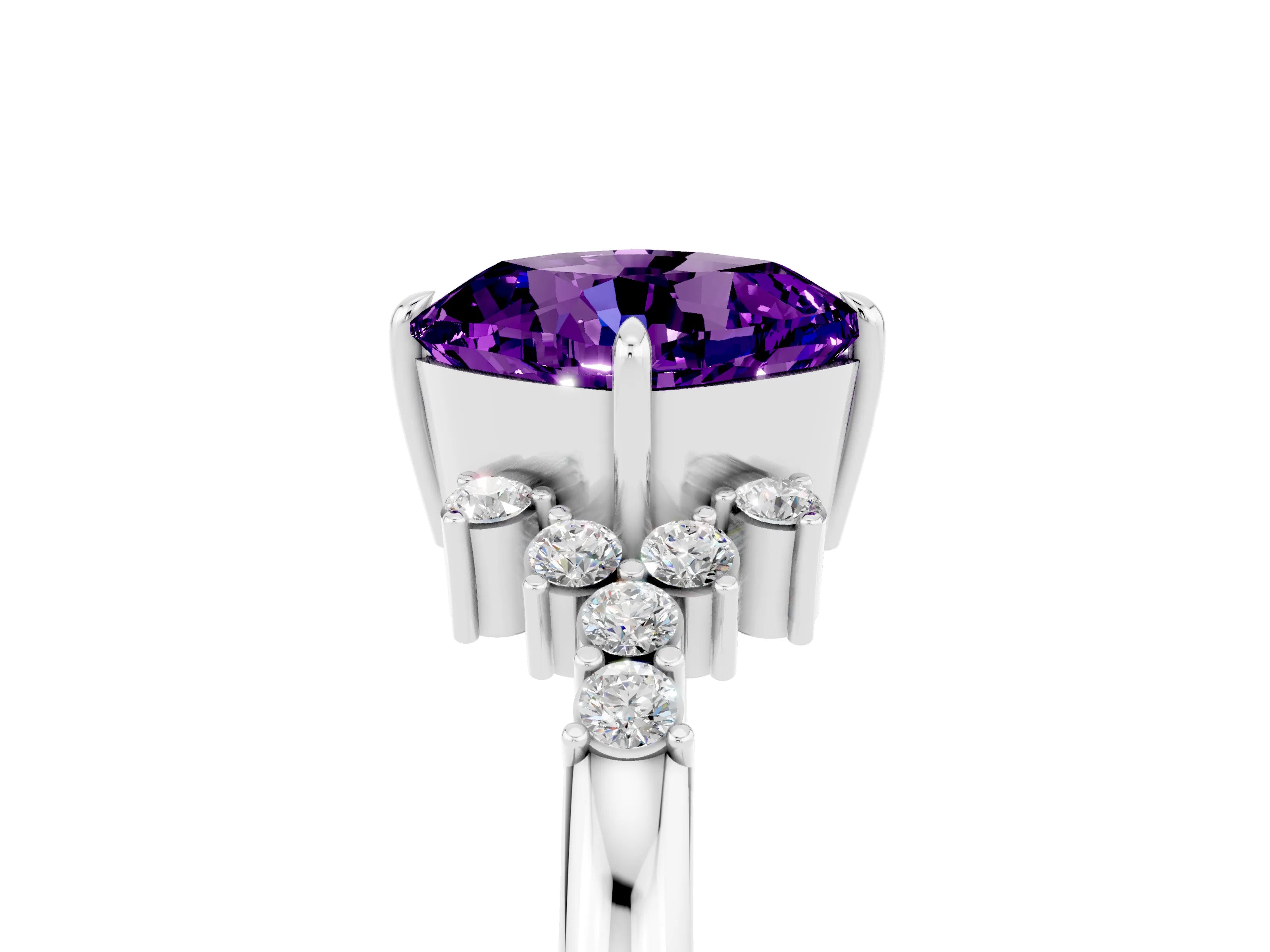 White gold Cushion Cut Amethyst Ring with Side Stones and Four-Prong Setting_41